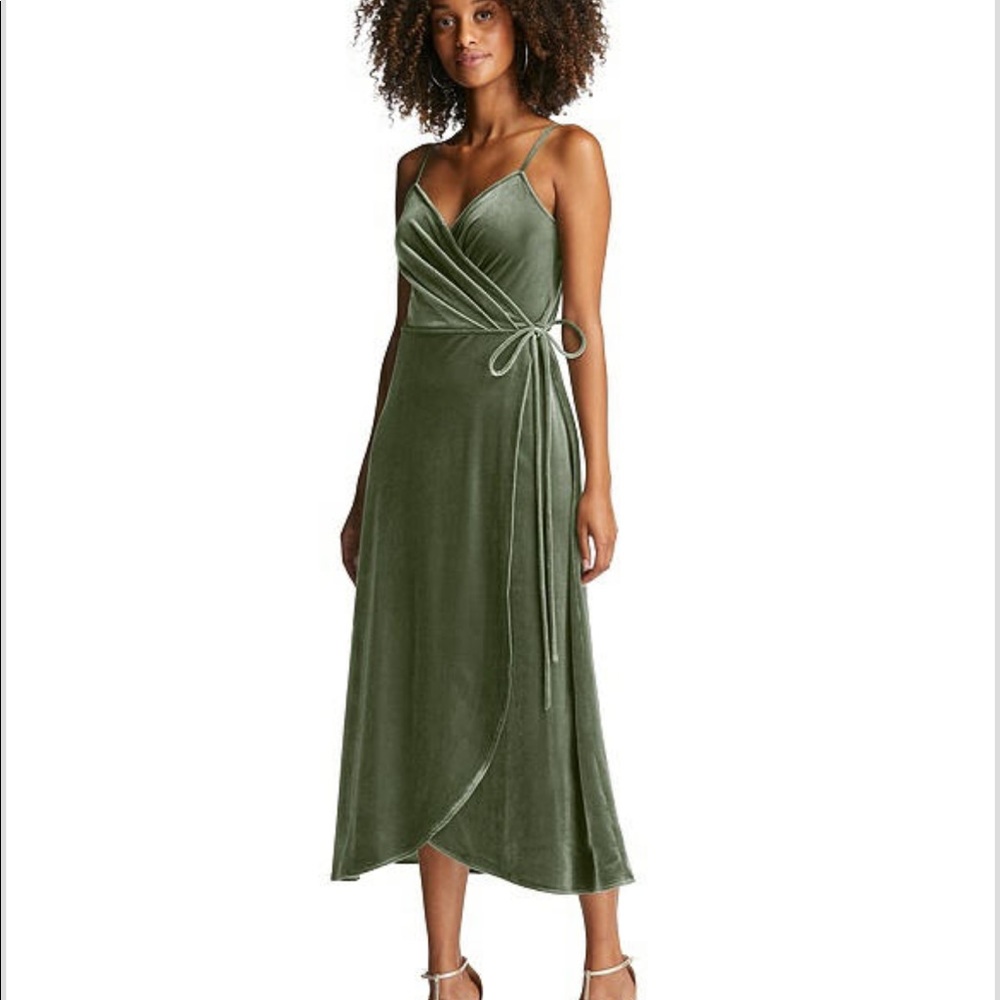 Dessy Collection Olive Green Velvet Midi Wrap Dress